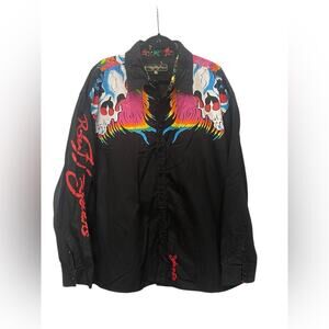 Ed Hardy Black Shirt Jacket with Colorful Skull Design